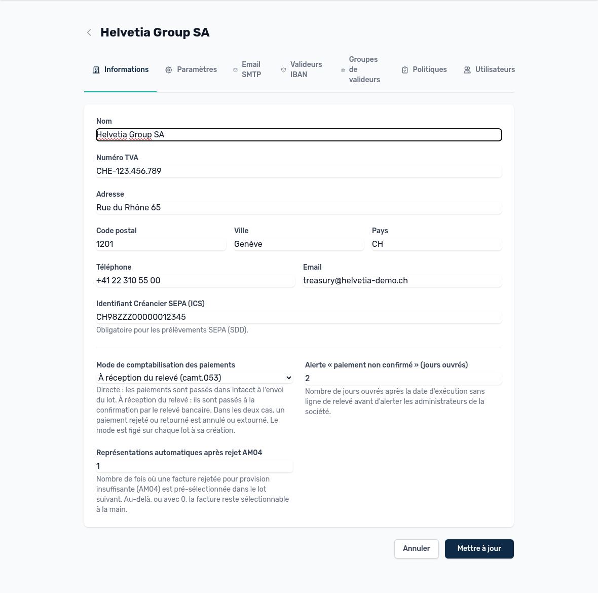 Onglet Informations d’une société