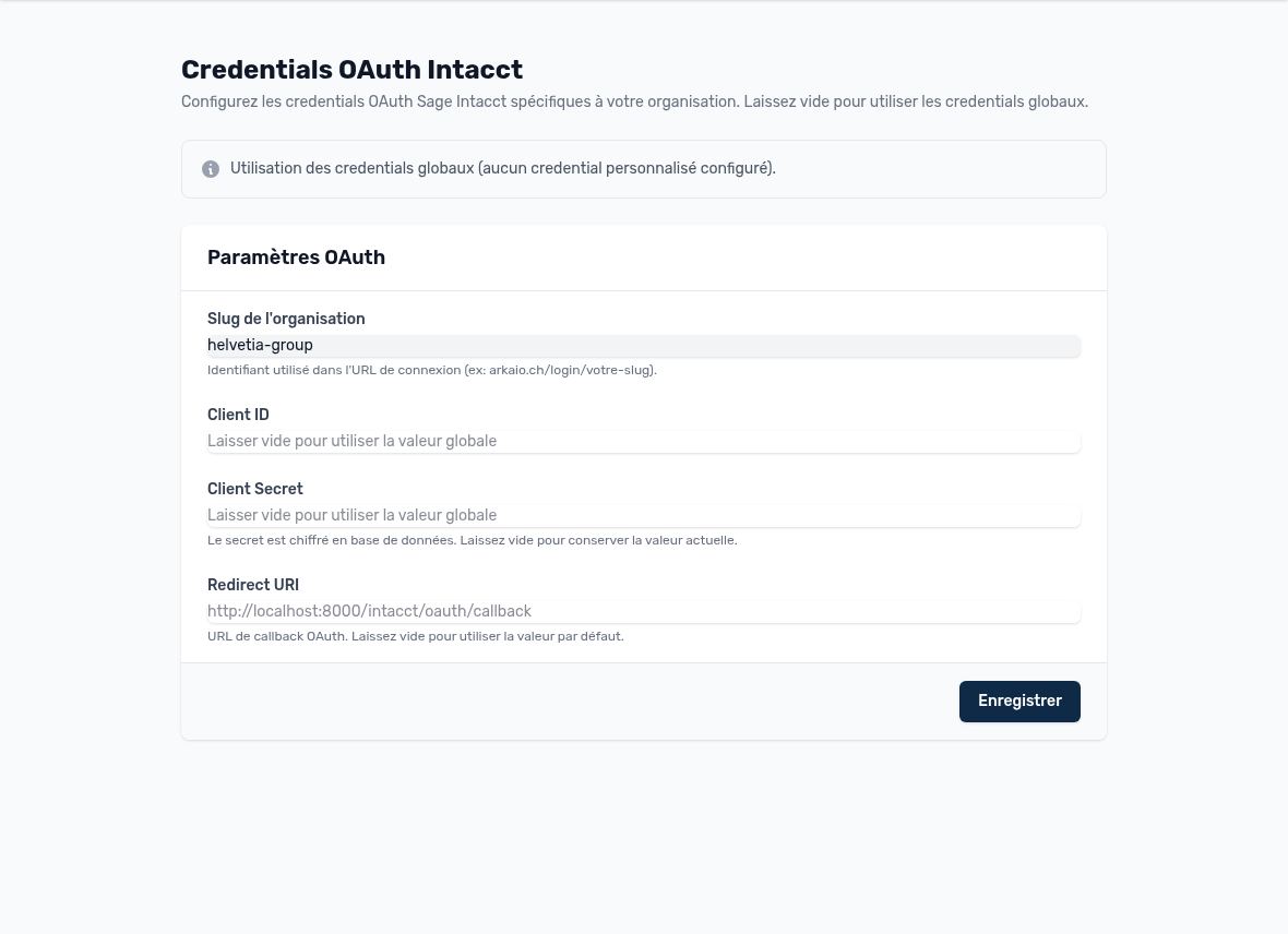 Credentials OAuth Intacct de l’organisation
