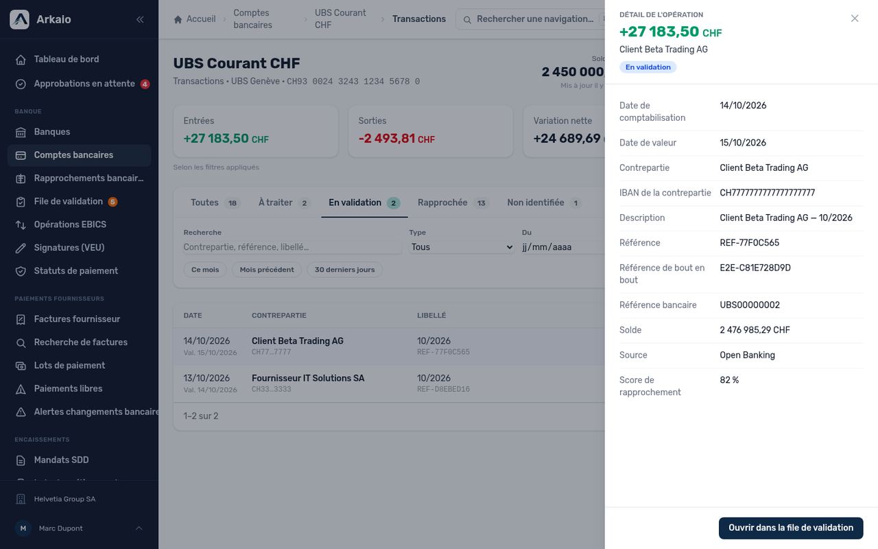 Panneau de détail d’une opération en validation