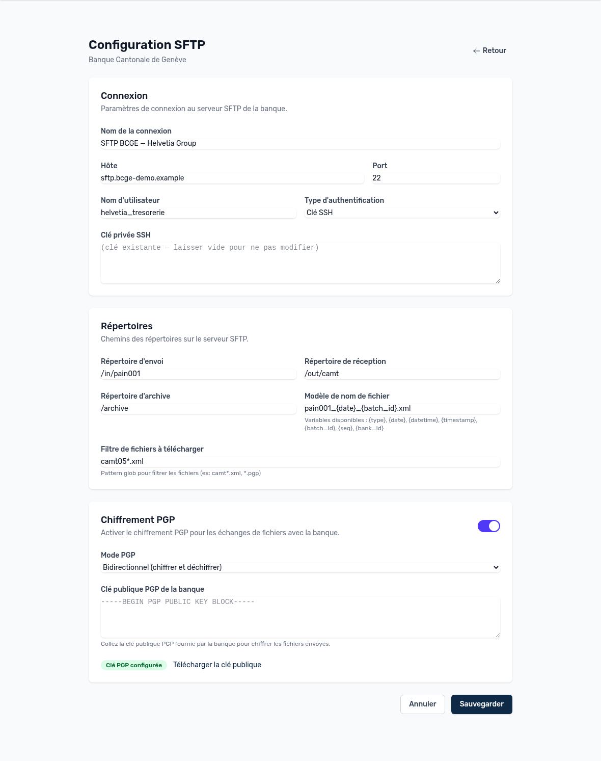 Configuration SFTP d’une banque