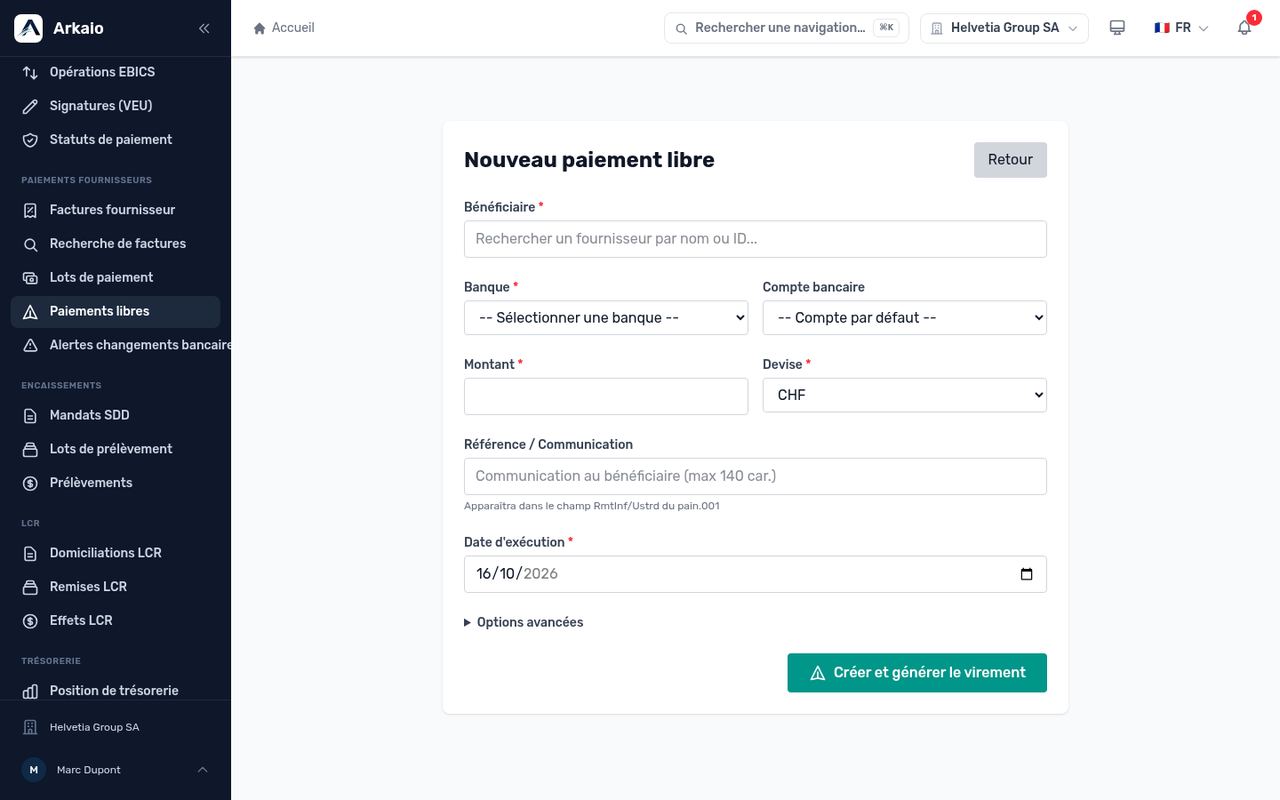 Création d’un paiement libre