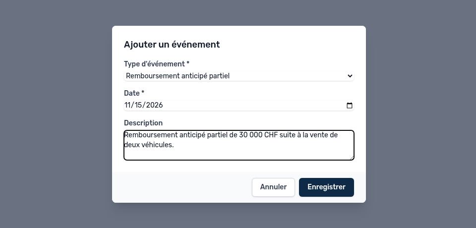 Fenêtre Ajouter un événement : remboursement anticipé partiel