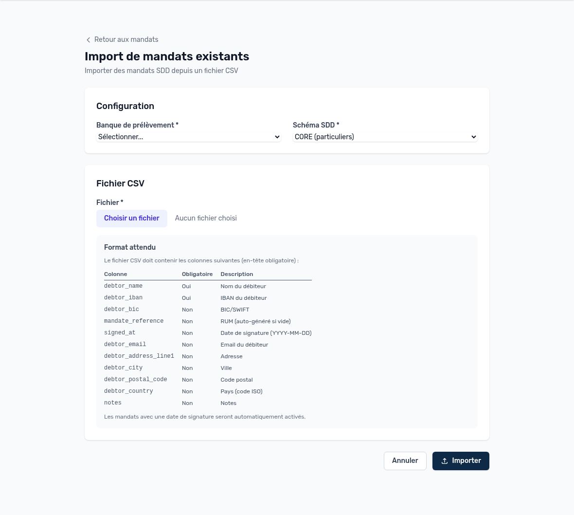 Import de mandats : configuration et format attendu