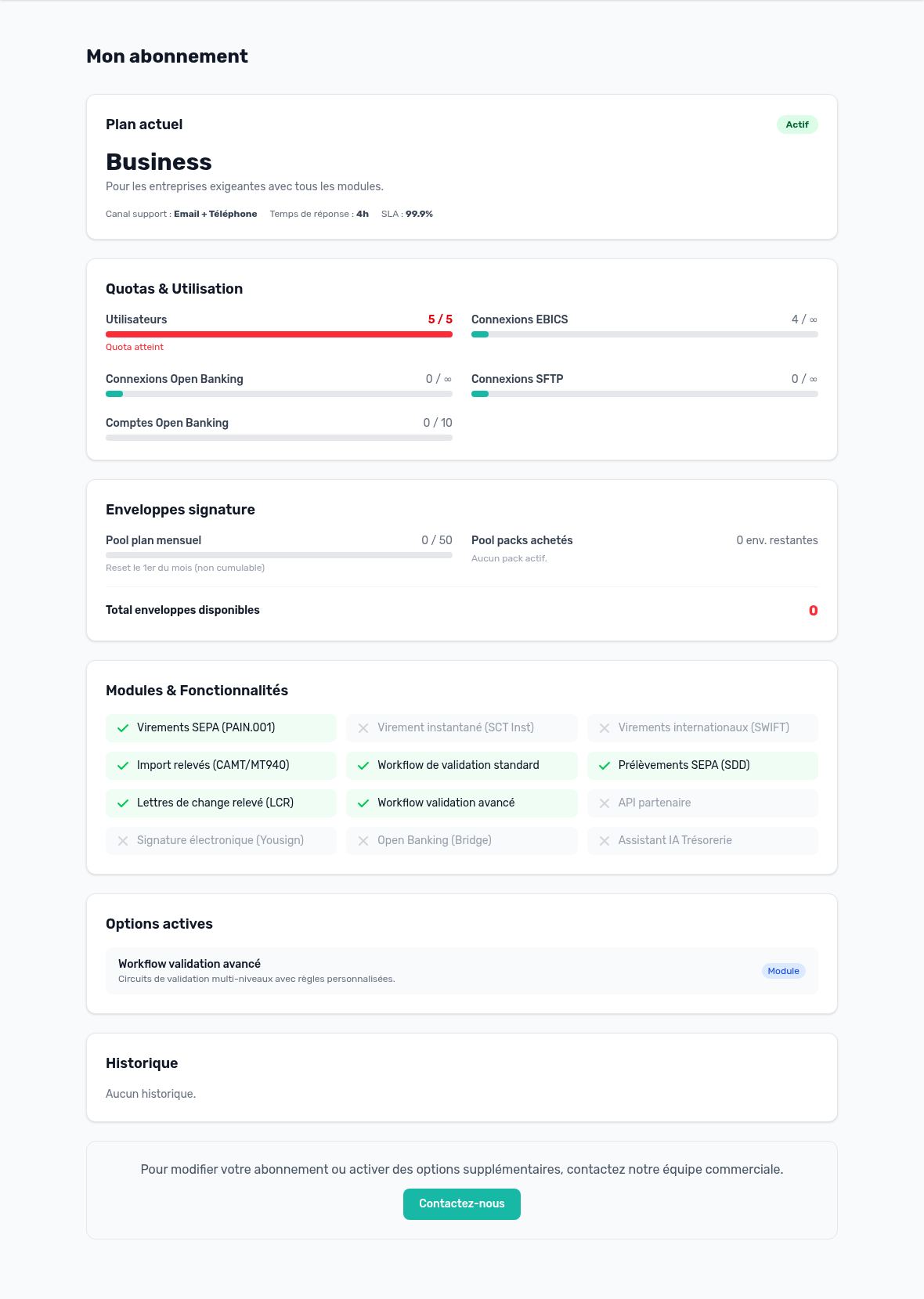 Abonnement, modules inclus et options
